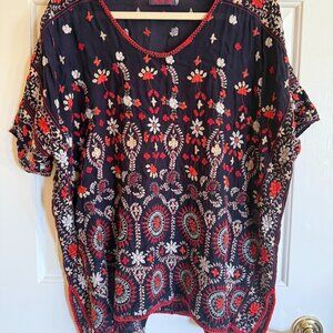 Johnny Was Navy Red & Gray Embroidered Tunic